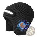 Black knitted led bluetooth beanie hat with integrated light strip and speaker module for running use shown from the back
