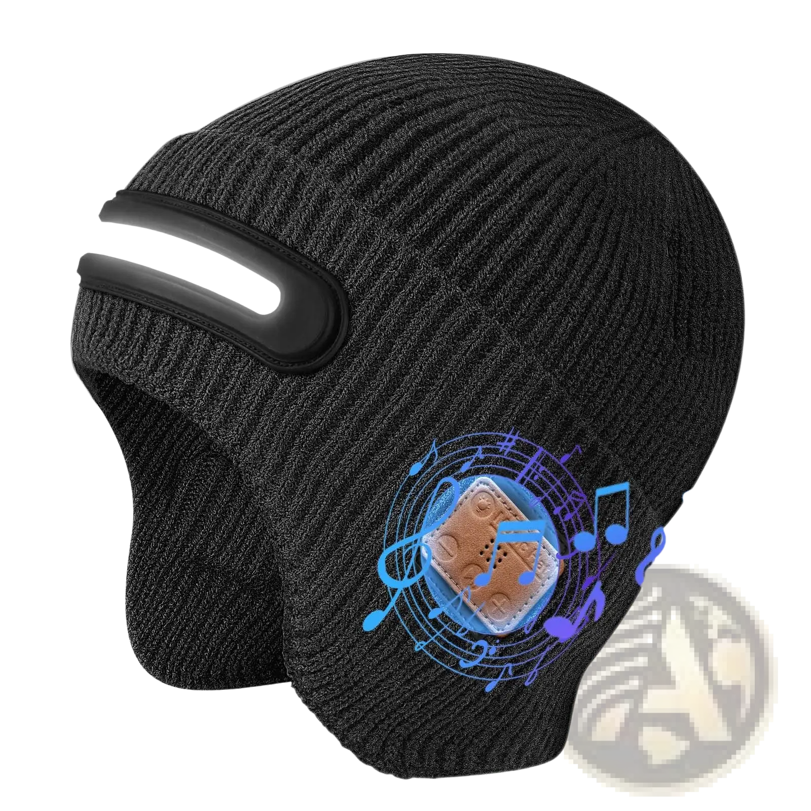 Black knitted led bluetooth beanie hat with integrated light strip and speaker module for running use shown from the back