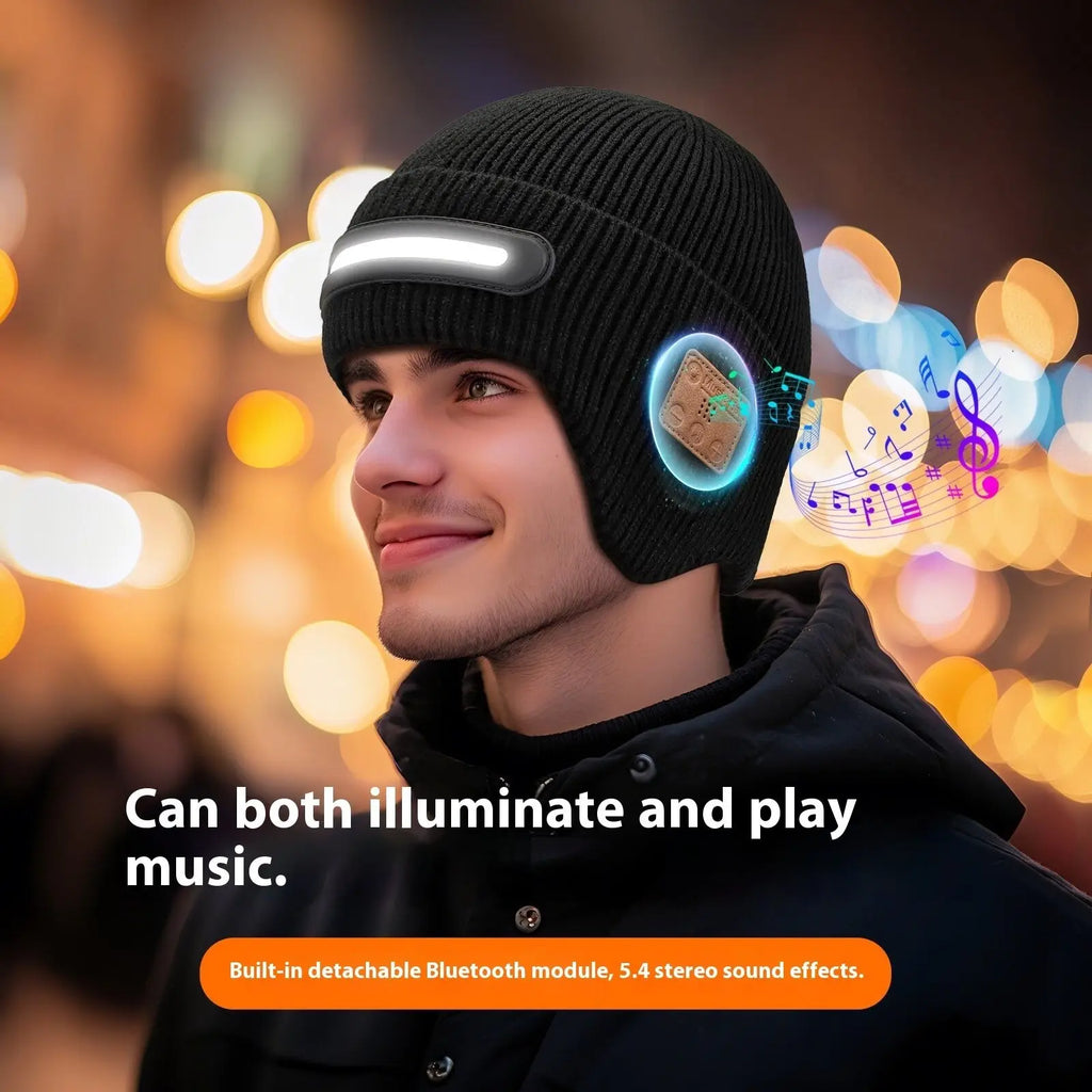 Black knitted led bluetooth beanie hat with built-in light strip and detachable music module for running
