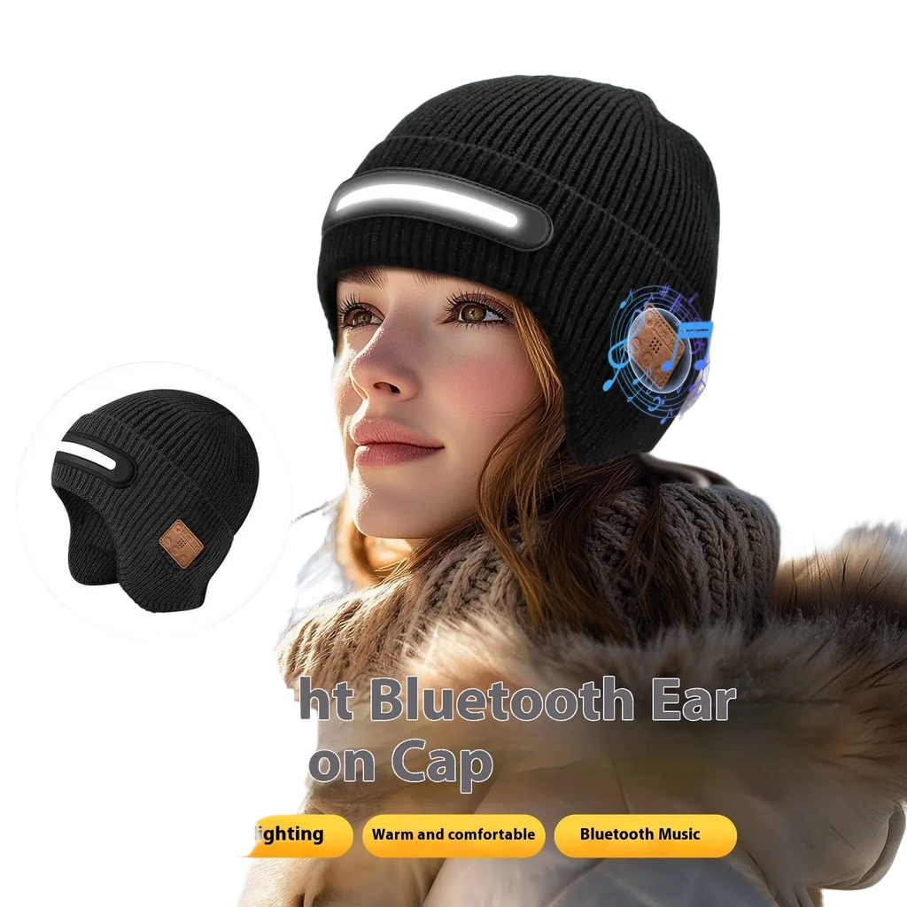 Black knitted led bluetooth beanie hat with built-in speaker and night lighting for running and ear protection