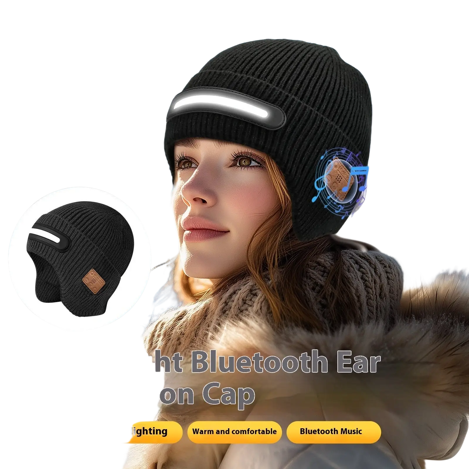 Black knitted led bluetooth beanie hat with built-in speaker and night lighting for running and ear protection