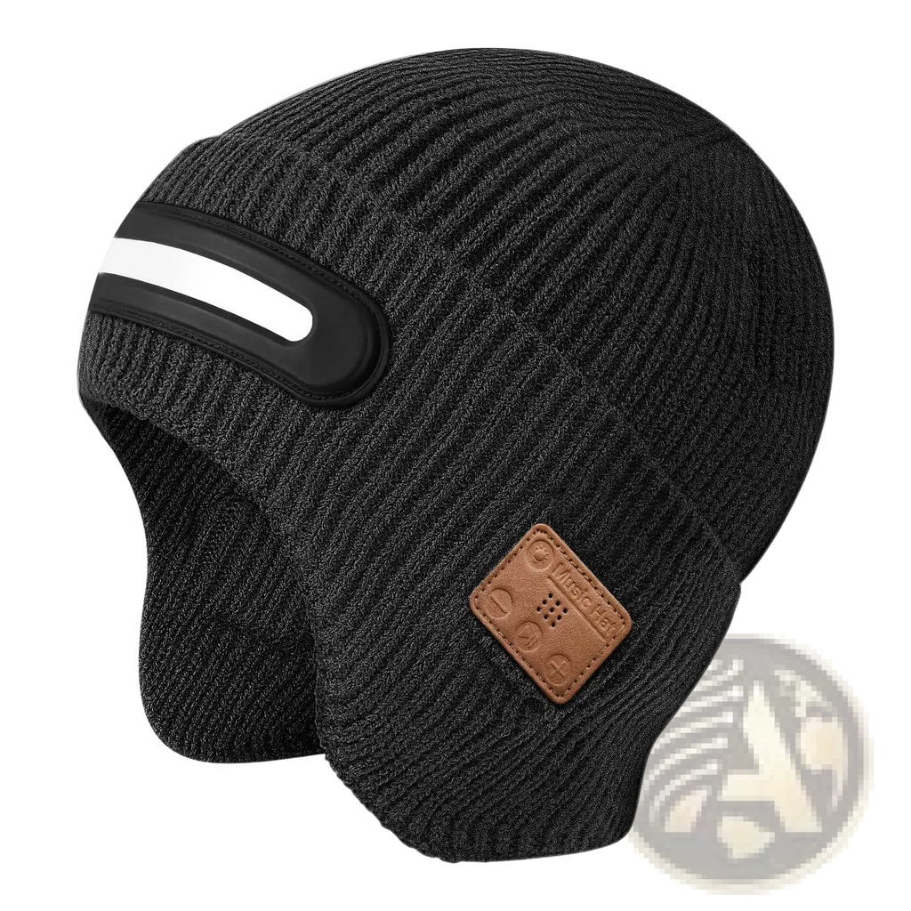 Black ribbed knit led bluetooth beanie hat with ear flaps and white reflective stripe for running use