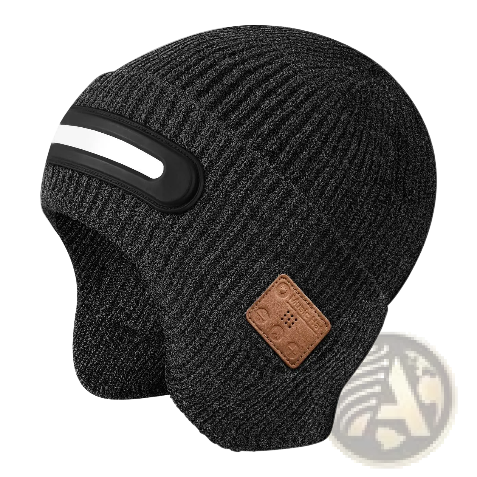 Black ribbed knit led bluetooth beanie hat with ear flaps and white reflective stripe for running use