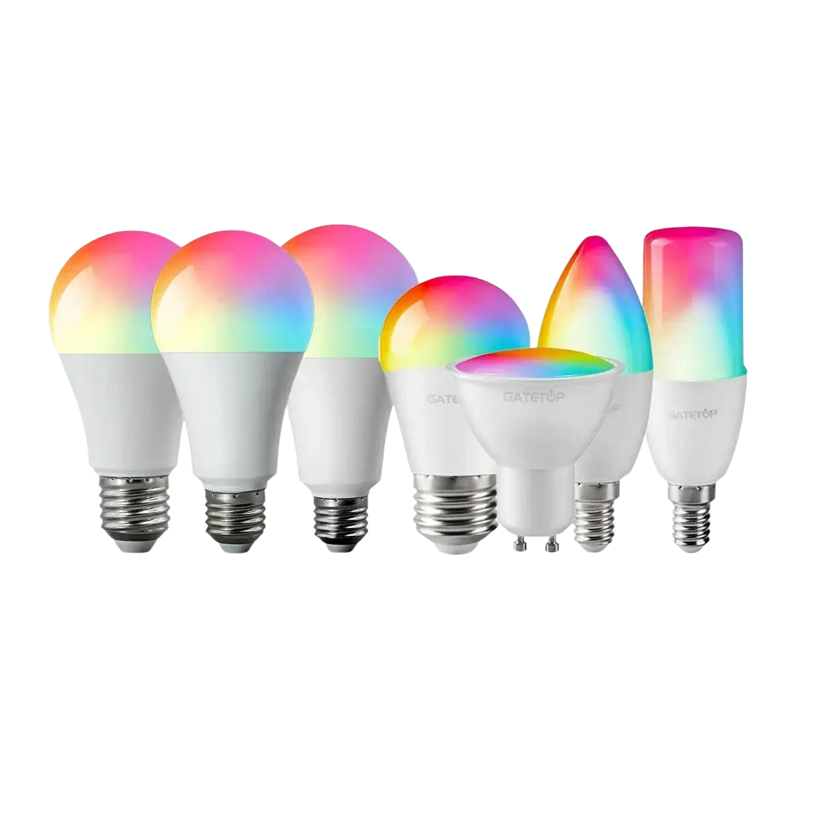 Led bulb set of white and metallic screw-base rgbw dimmable color changing spotlight with rainbow-hued glass shades