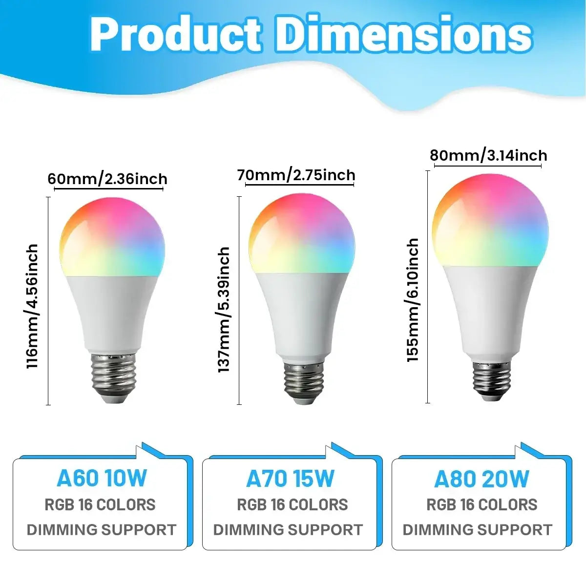 Three led bulb rgbw dimmable color changing spotlights with white plastic bodies and rainbow gradient glow