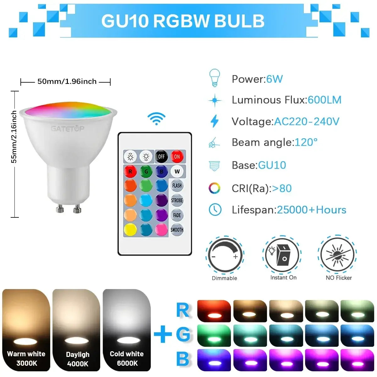 White gu10 rgbw led bulb with sleek design and dimmable color changing spotlight for versatile lighting use