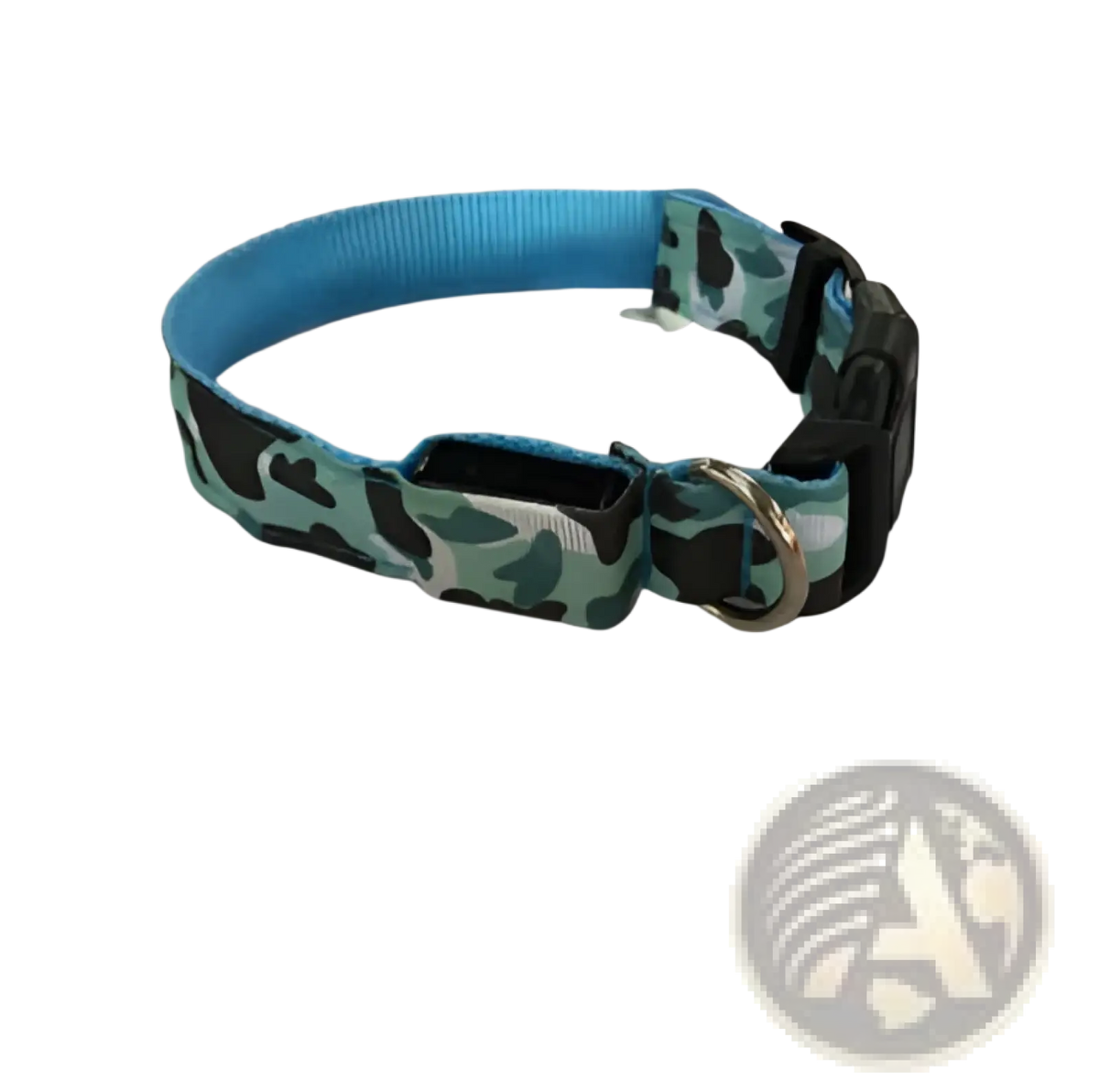 Led camouflage glowing dog collar in teal and black camouflage pattern with blue inner lining and black plastic buckle