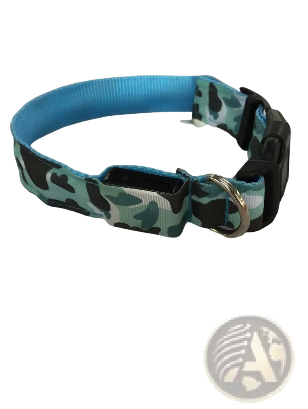 Led camouflage glowing dog collar with teal and black pattern, blue lining, black buckle, and silver metal ring