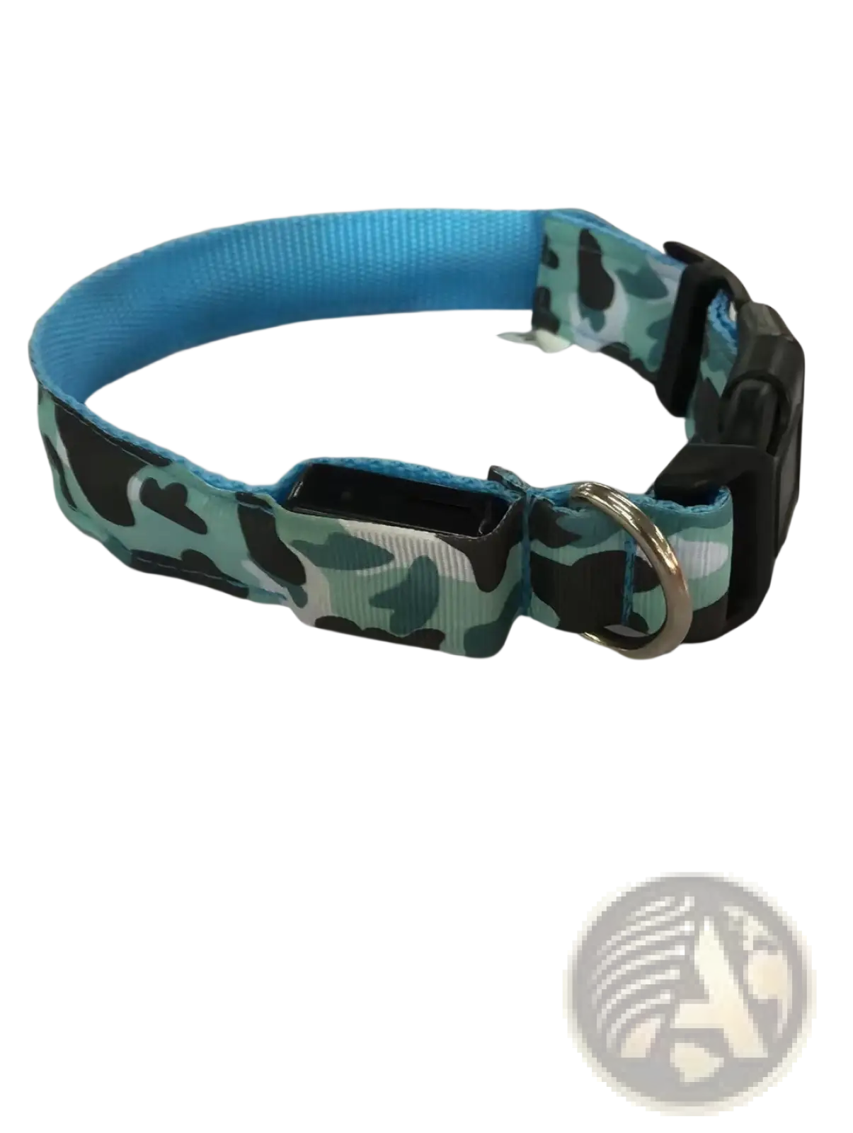 Led camouflage glowing dog collar with teal and black pattern, blue lining, black buckle, and silver metal ring
