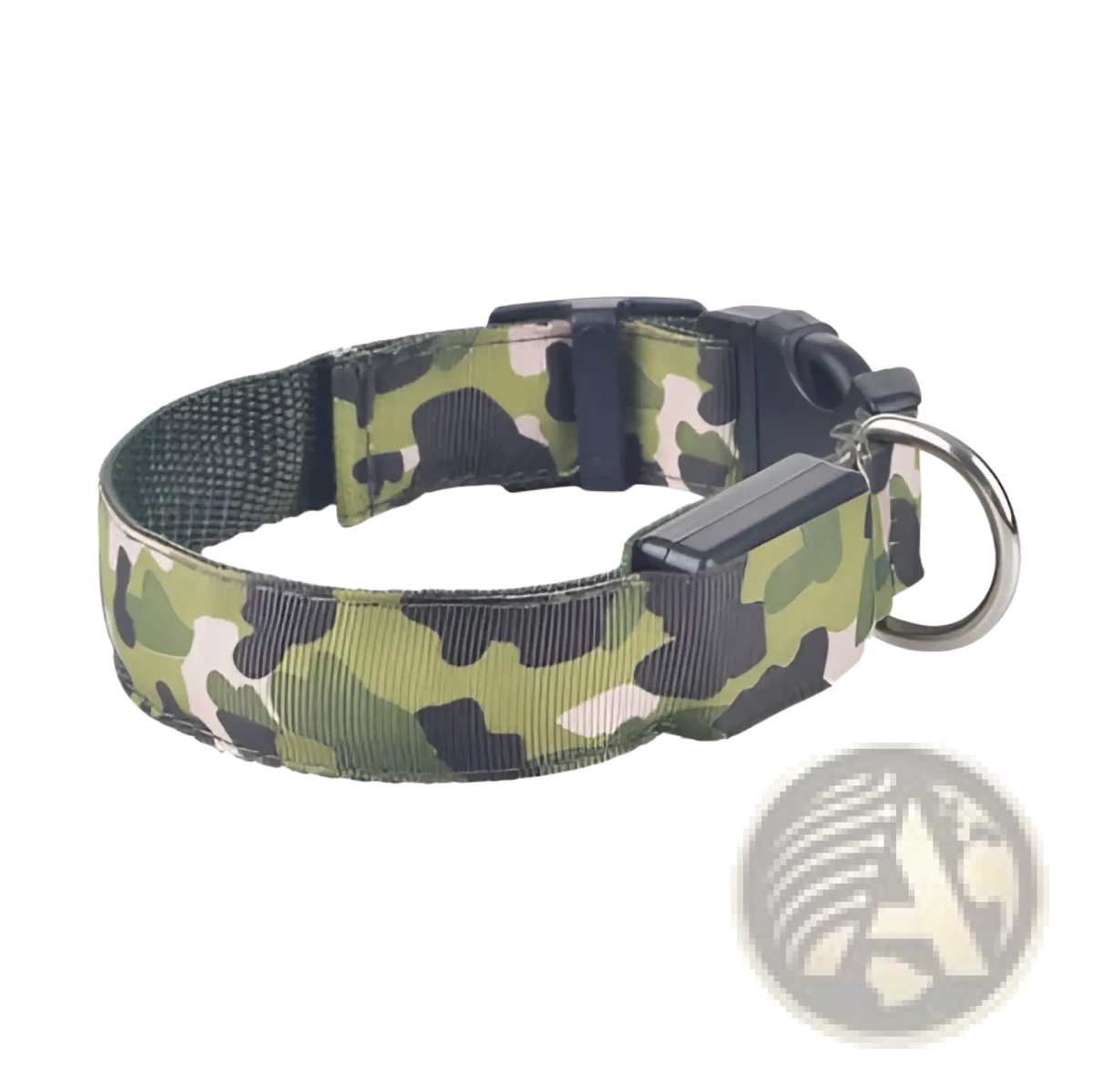 Led camouflage glowing dog collar in green and black pattern with silver metal ring and led lighting feature