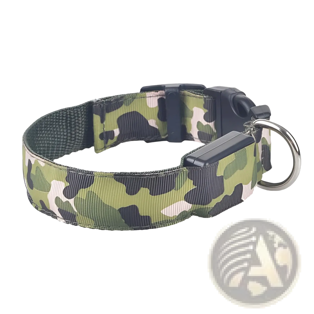 Led camouflage glowing dog collar in green black and beige with black plastic buckle and metal ring
