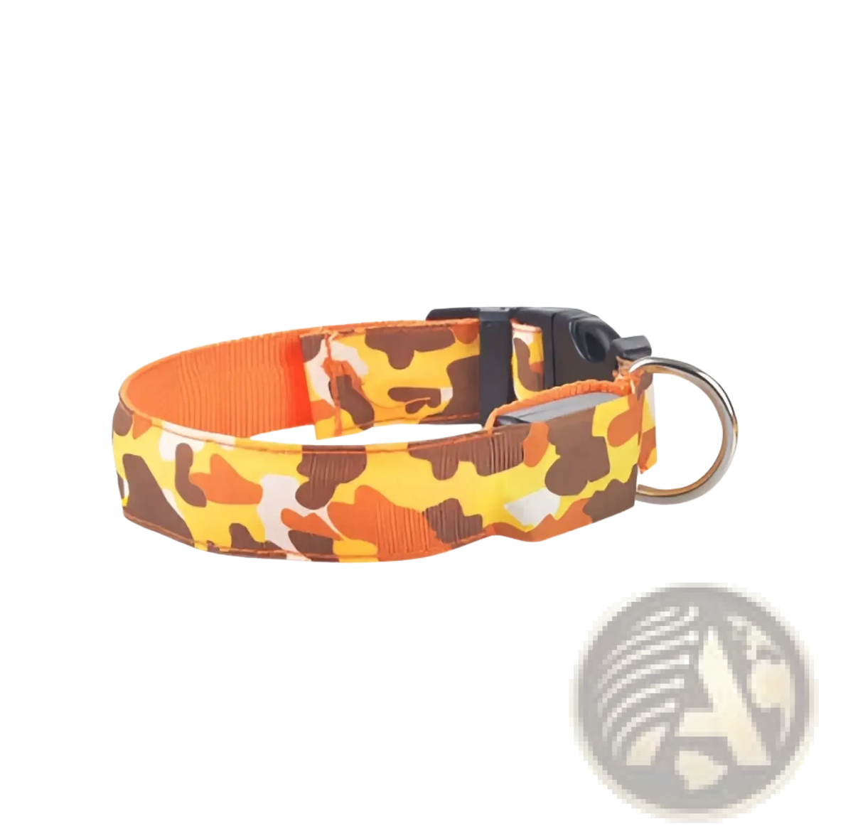 Led camouflage glowing dog collar with orange and brown camouflage pattern, black plastic buckle, and metal ring