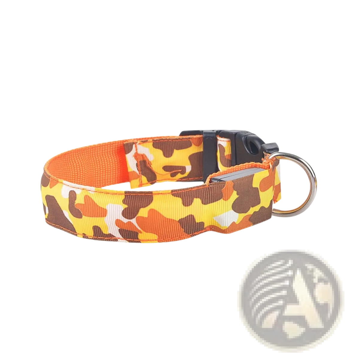 Led camouflage glowing dog collar with vibrant orange brown white pattern, black plastic buckle, and silver metal ring