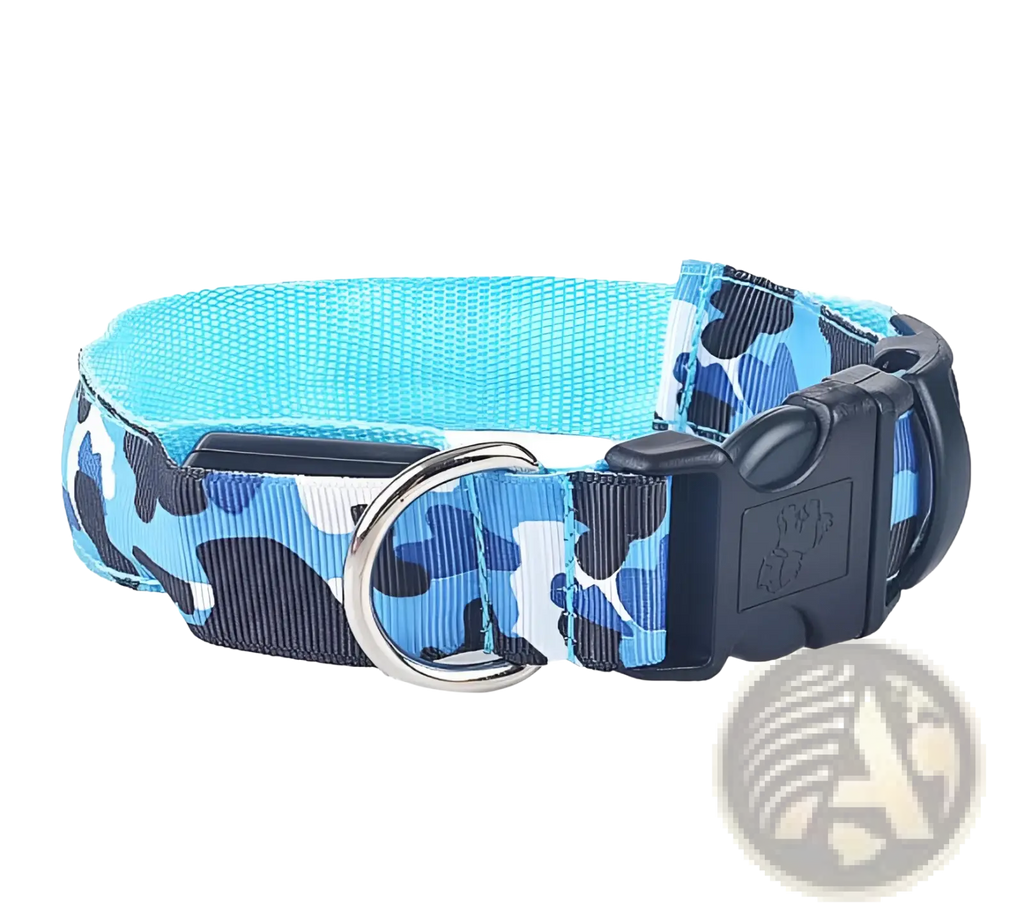 Led camouflage glowing dog collar in blue and black camouflage with turquoise lining and black plastic buckle