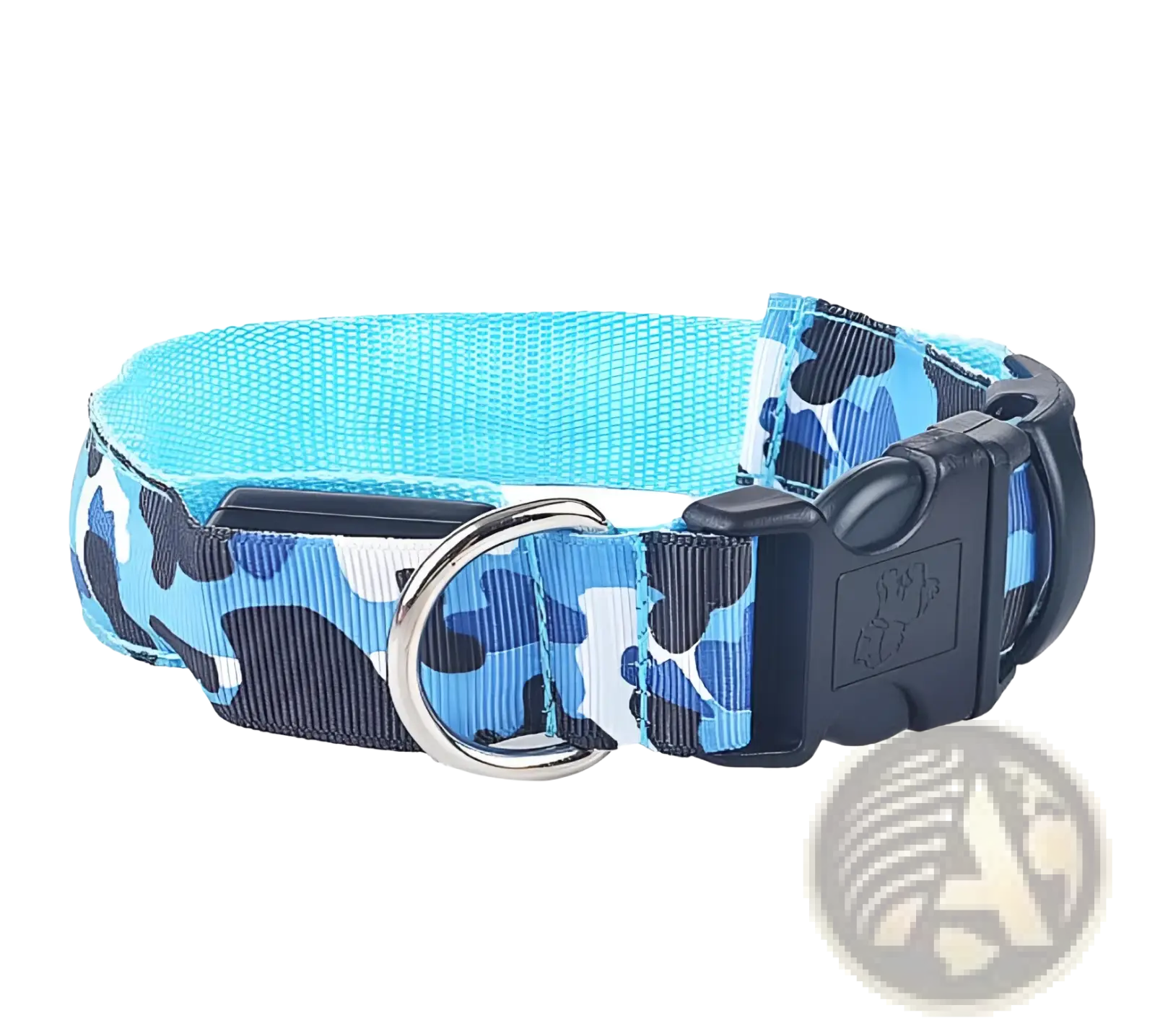 Led camouflage glowing dog collar in blue and black camouflage with turquoise lining and black plastic buckle