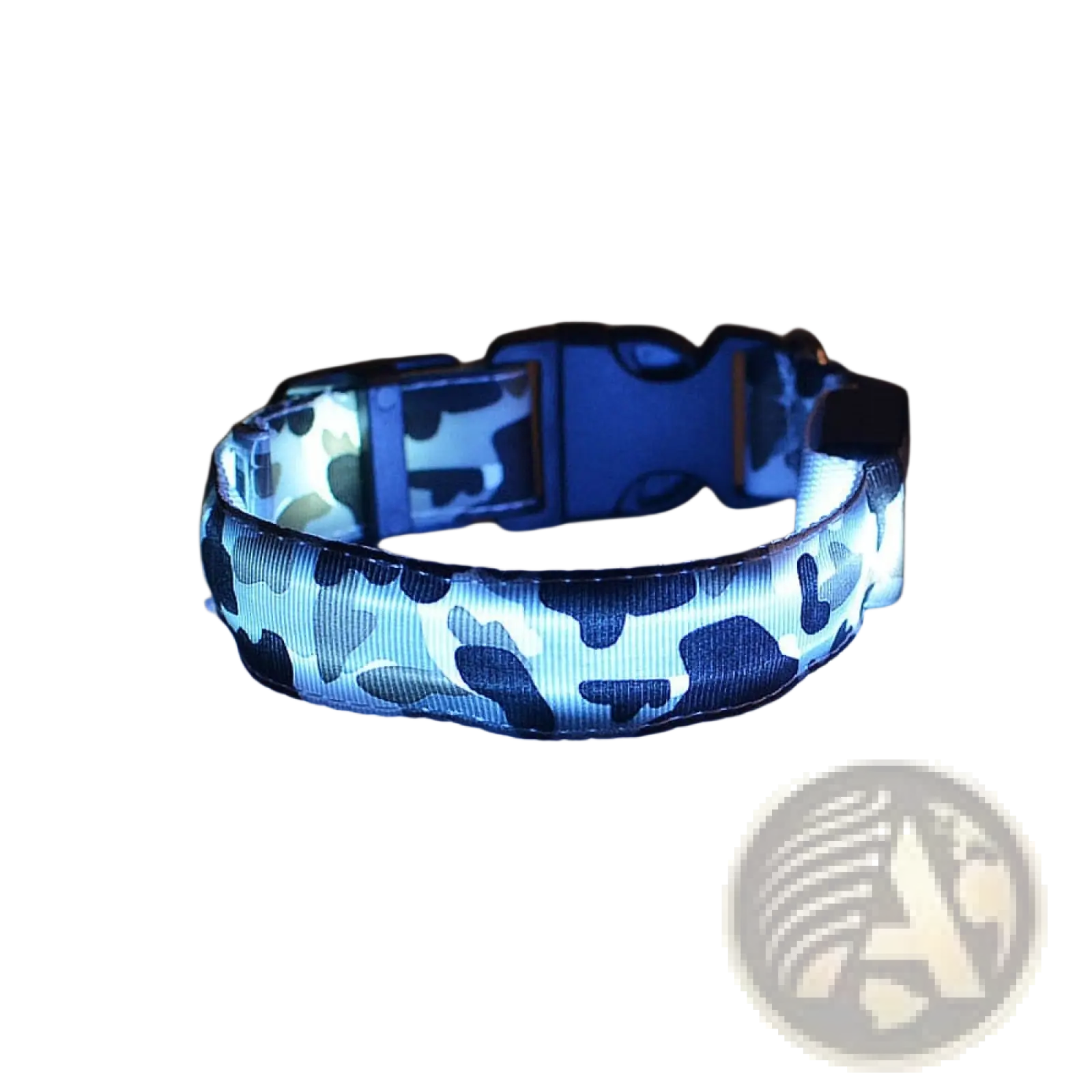 Led camouflage glowing dog collar in blue and black pattern with plastic buckle and led lighting for visibility