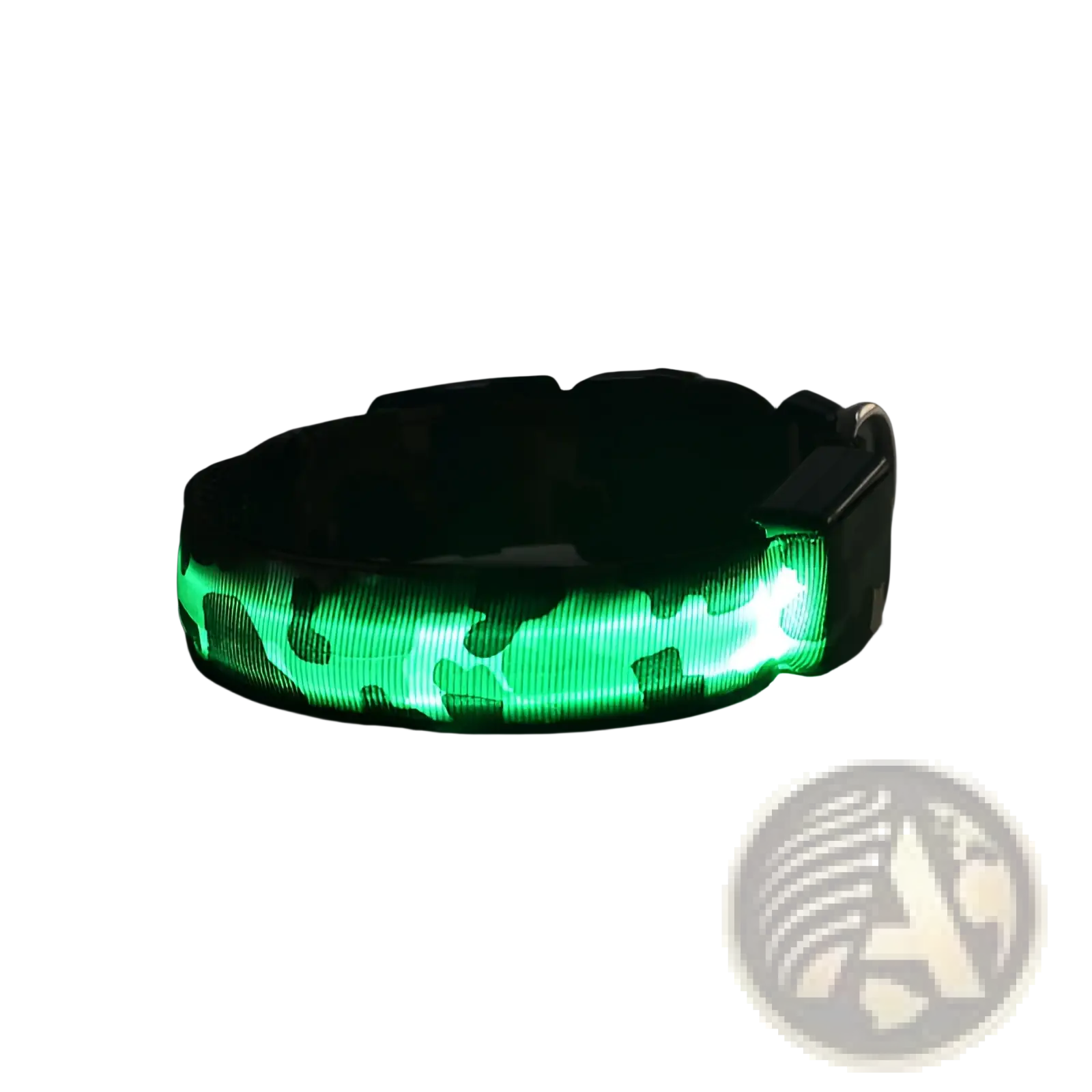 Led camouflage glowing dog collar featuring a glowing green design with black buckle for enhanced visibility