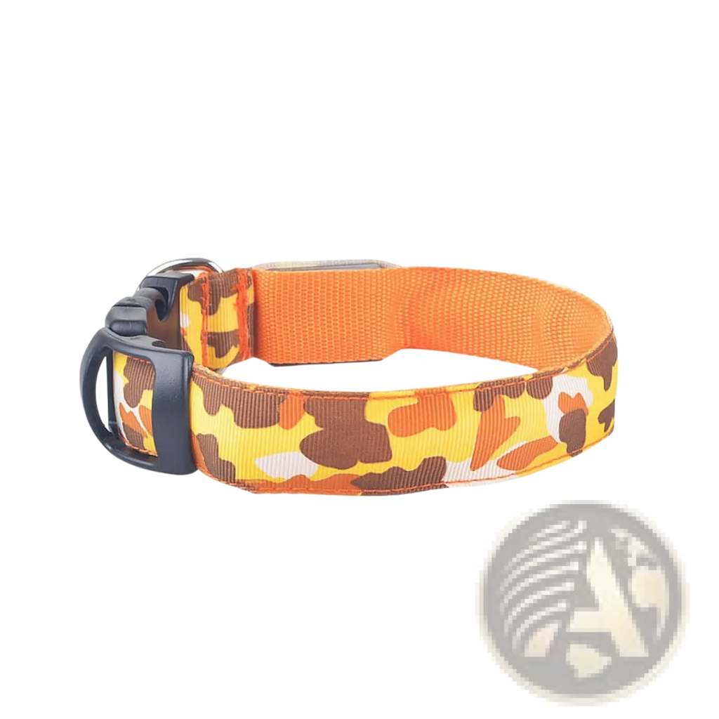 Led camouflage glowing dog collar in orange and brown camouflage pattern with black plastic buckle for durability