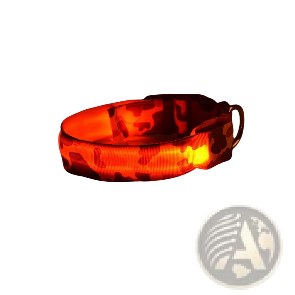 Led camouflage glowing dog collar featuring a glowing orange reflective surface and metal buckle for safety