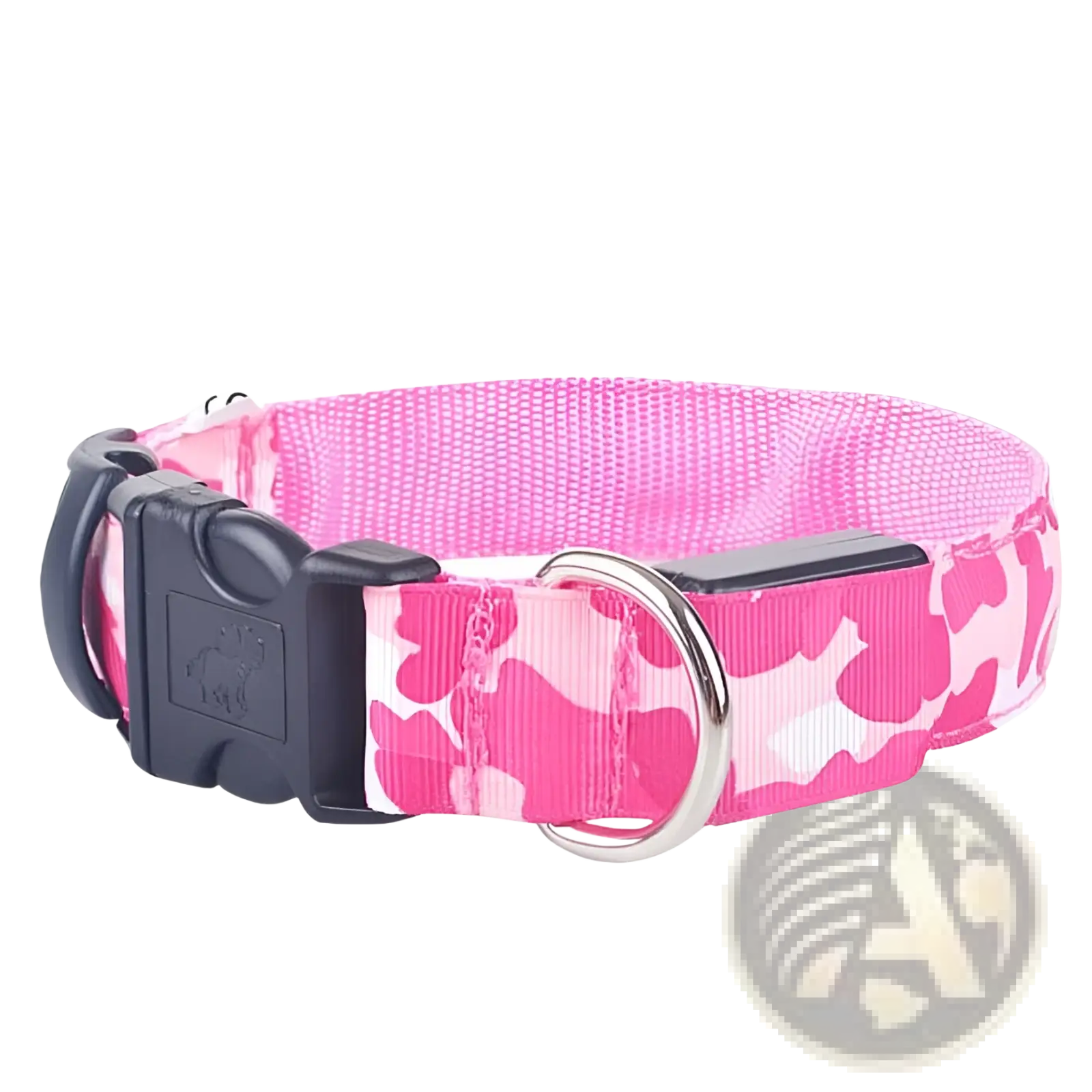 Led camouflage glowing dog collar in pink and white camouflage pattern with black plastic buckle and silver metal ring