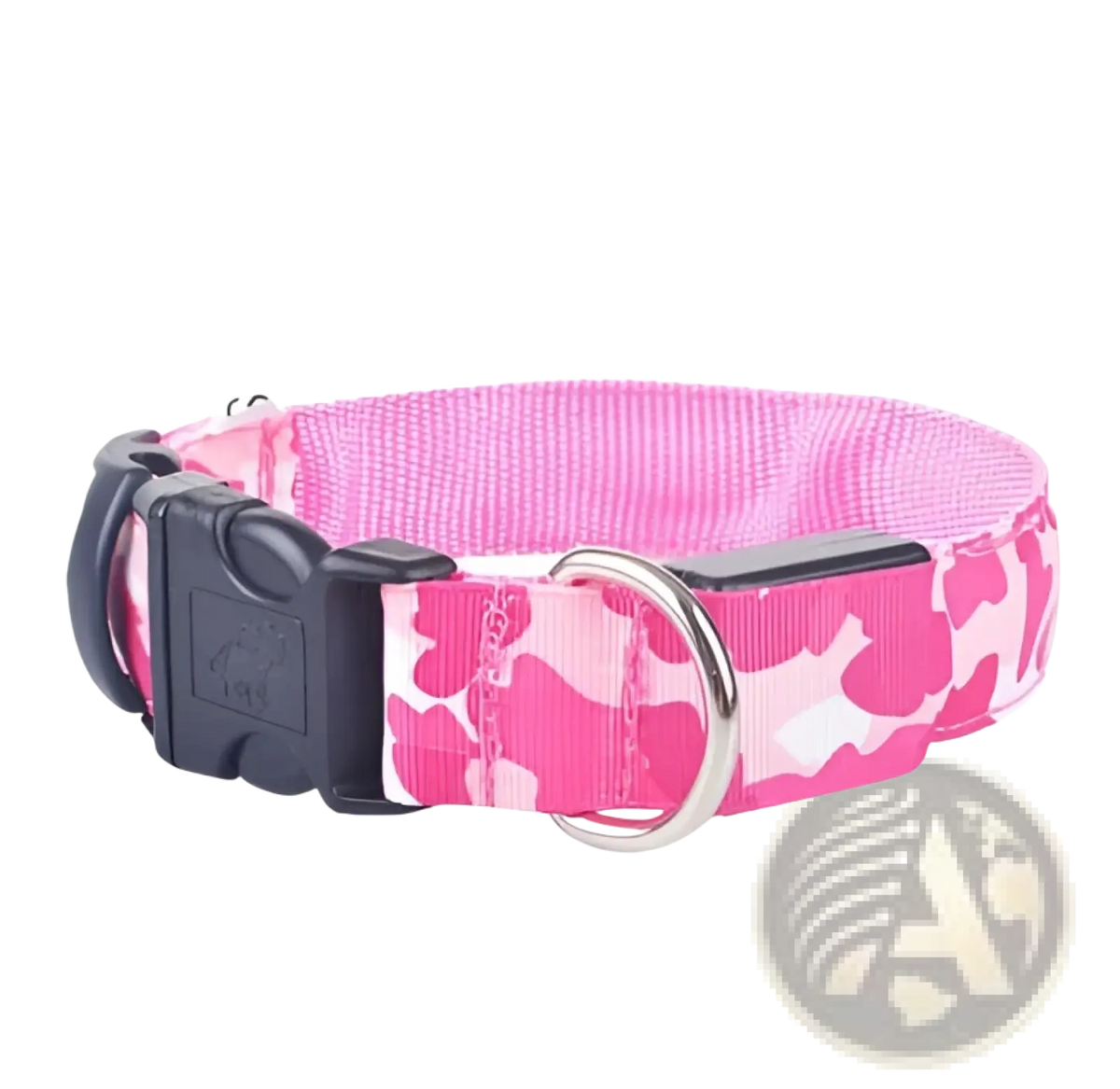 Pink led camouflage dog collar with black plastic buckle and silver metal ring designed for glowing visibility