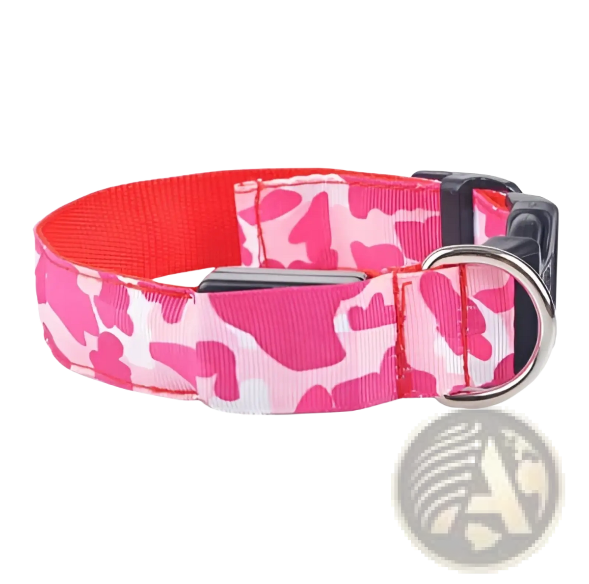 Led camouflage glowing dog collar in pink and white camouflage with black plastic buckle and silver metal d-ring