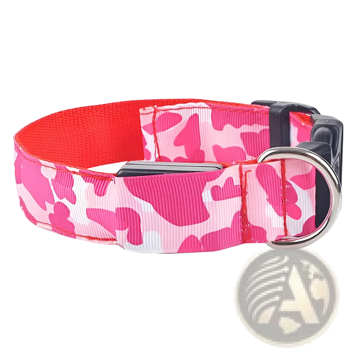 Led camouflage glowing dog collar with pink and white pattern red inner lining black buckle and silver d-ring