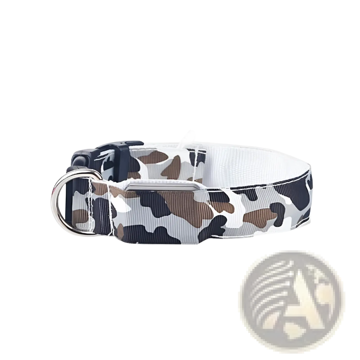 Led camouflage glowing dog collar with white black brown camouflage pattern and silver metal d-ring and buckle