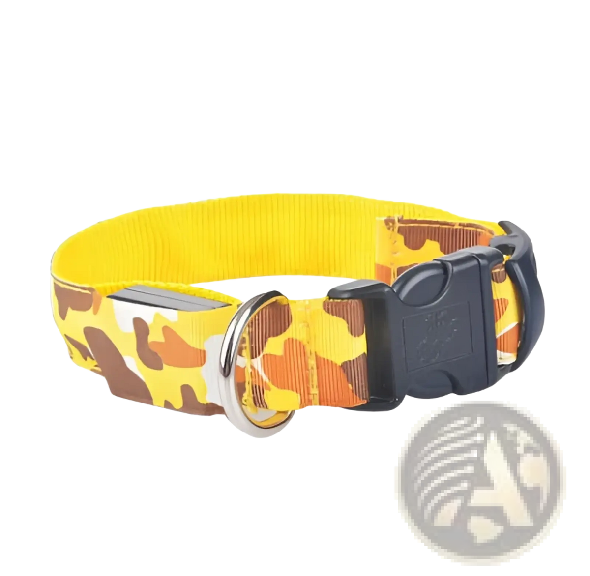 Led camouflage glowing dog collar in yellow and orange with black plastic buckle and silver metal ring