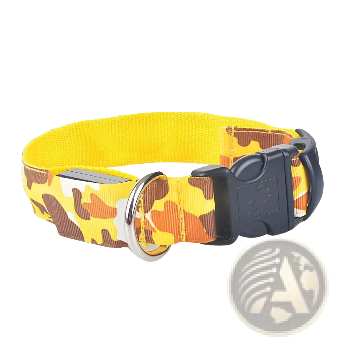Led camouflage glowing dog collar in bright yellow and brown camouflage with black plastic buckle and silver metal ring