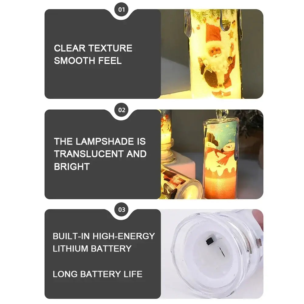Led christmas candle cute holiday flameless decoration with clear translucent cylinder and built-in printed led designs