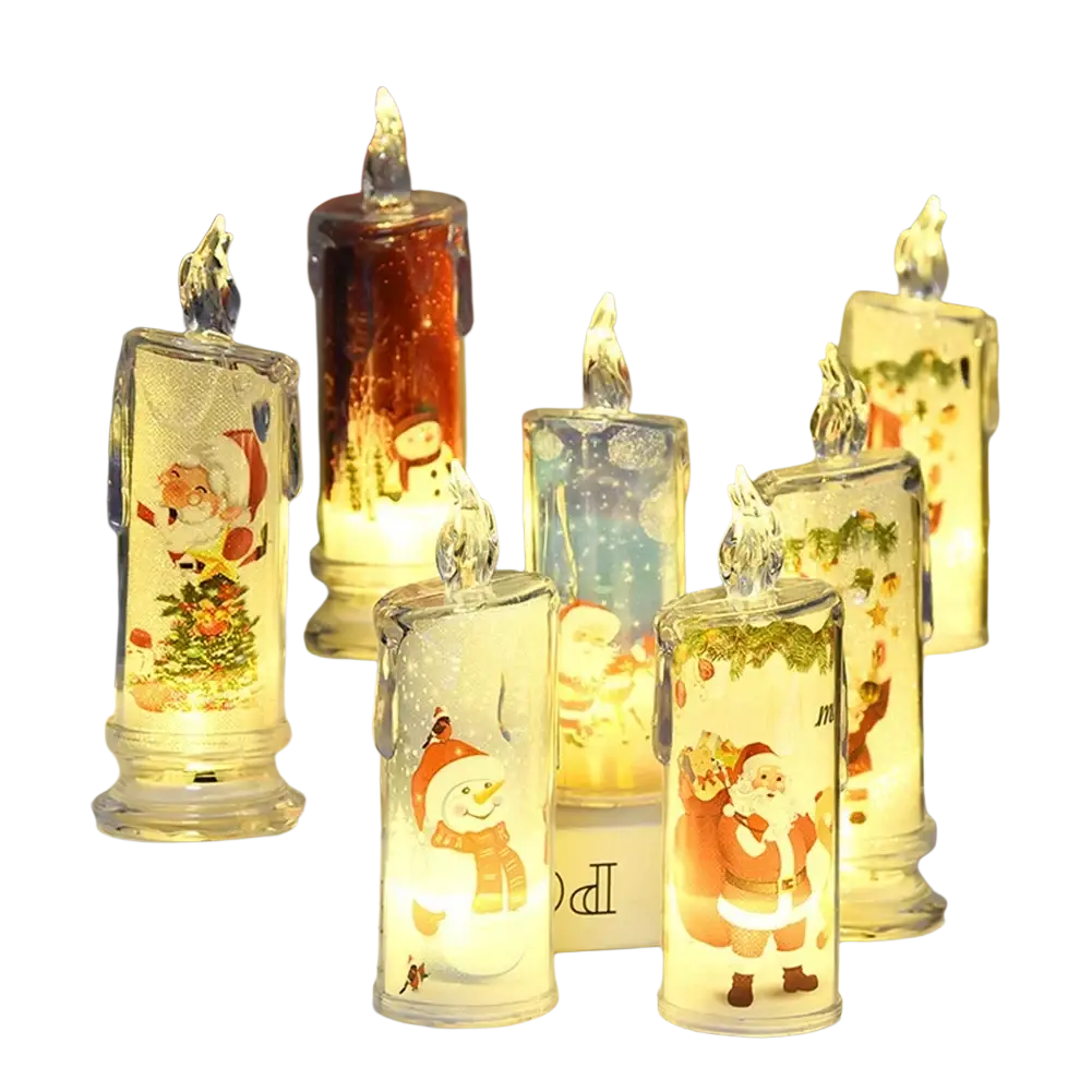Clear plastic cute christmas led candles with built-in printed led santa and snowmen festive designs illuminated