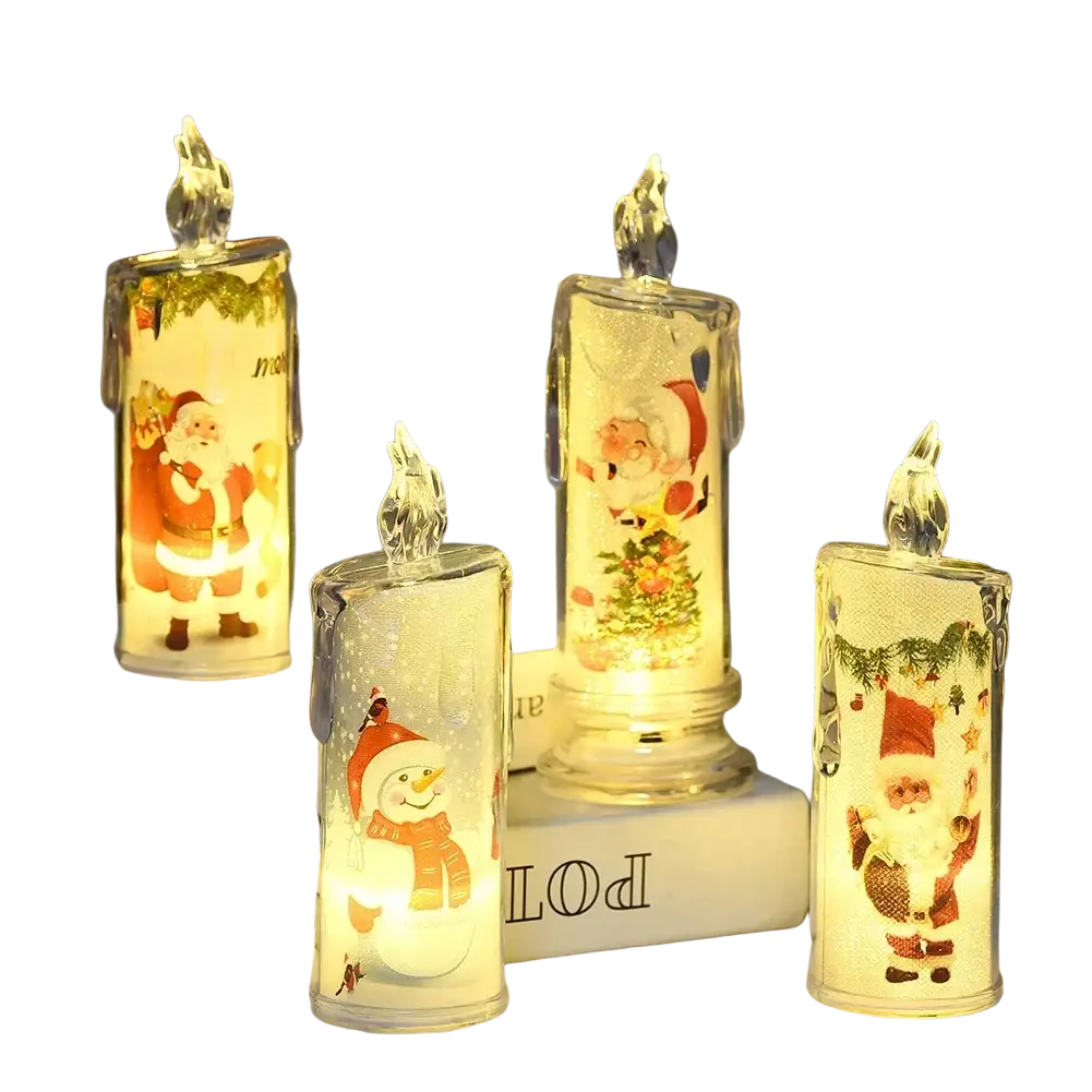 Four illuminated led christmas candle lights with built-in printed led santa and snowman designs on glass