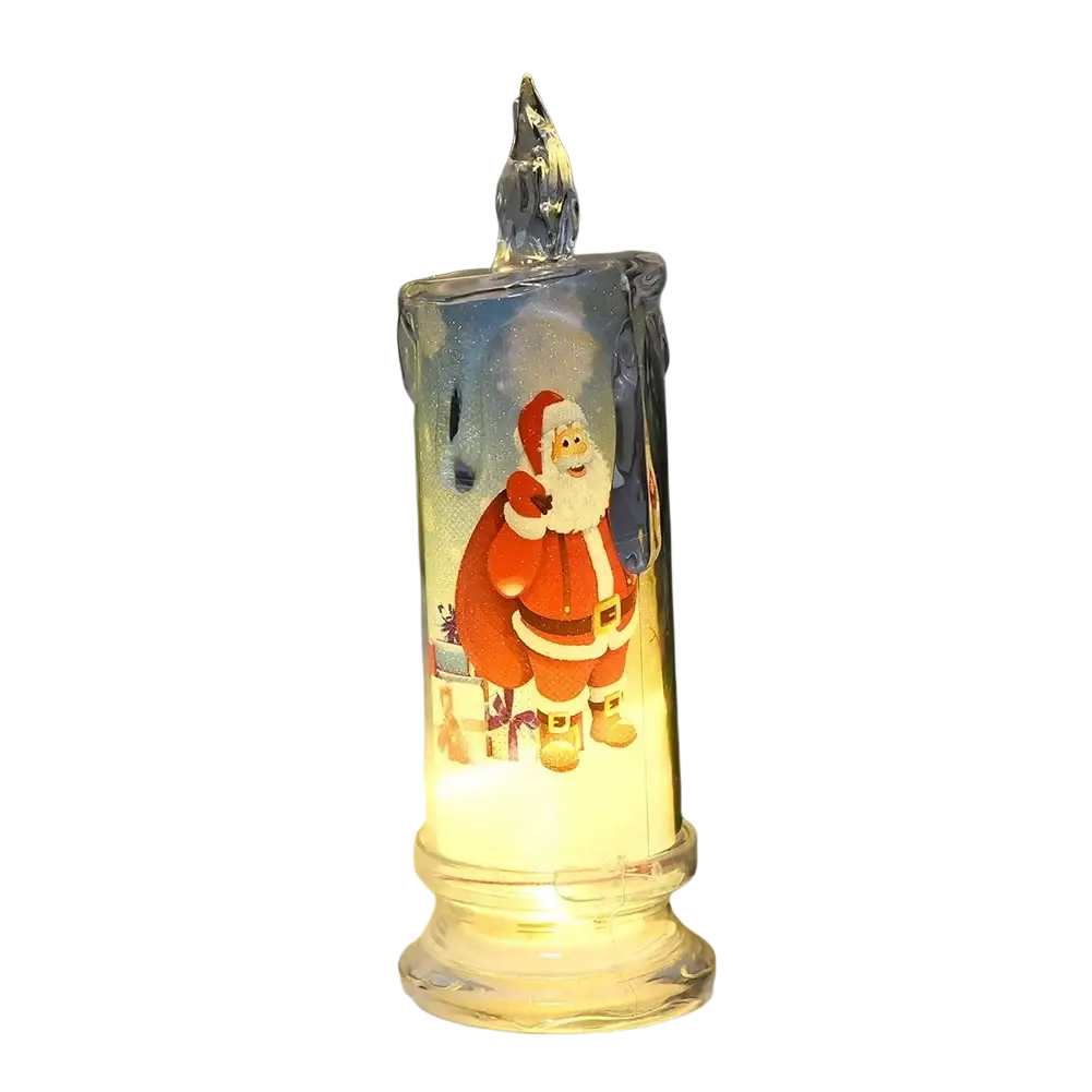 Led christmas candle featuring a glowing built-in printed led santa claus design with a clear crystal wick for cute christmas decor