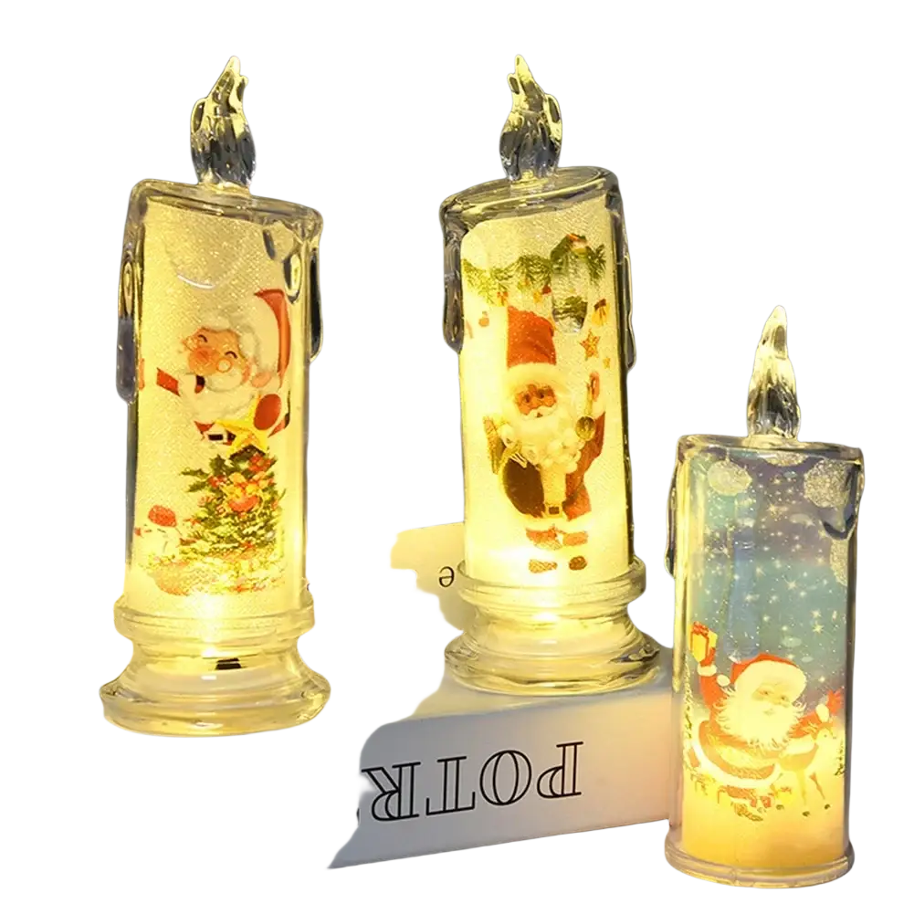 Three cute christmas led candle lanterns with built-in printed led featuring santa claus holiday scenes glowing warmly