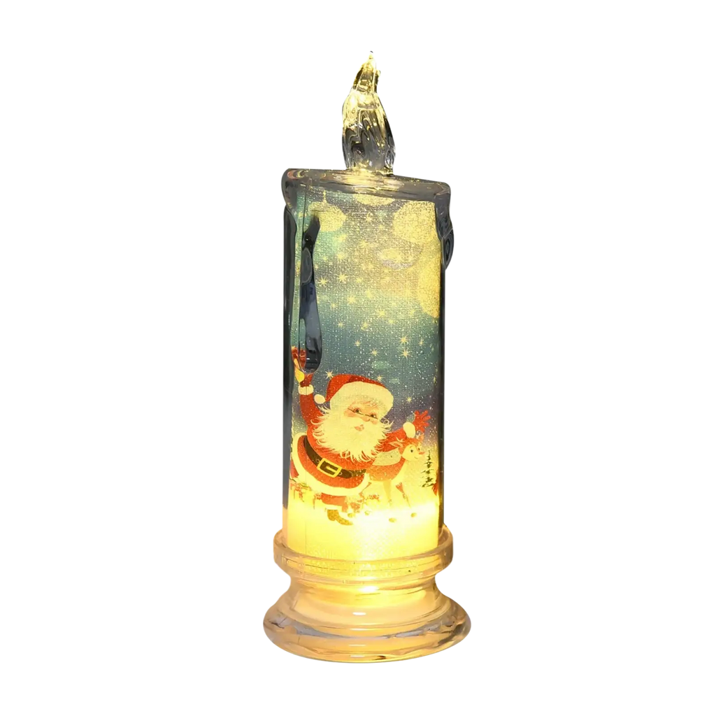 A glowing translucent glass led christmas candle with a printed santa claus design and built-in printed led lights
