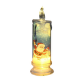A glowing translucent glass led christmas candle with a printed santa claus design and built-in printed led lights