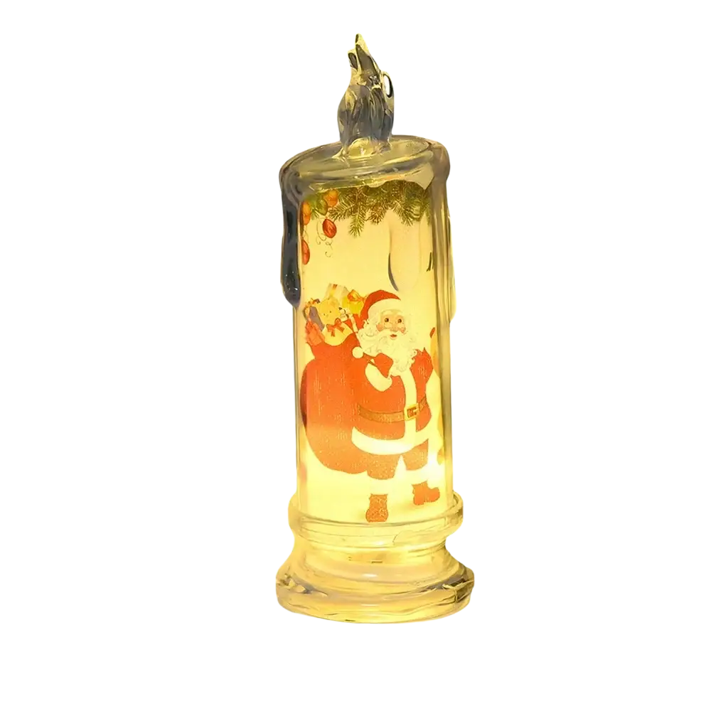A translucent glass led christmas candle with a built-in printed led santa claus and a small bird figurine topper