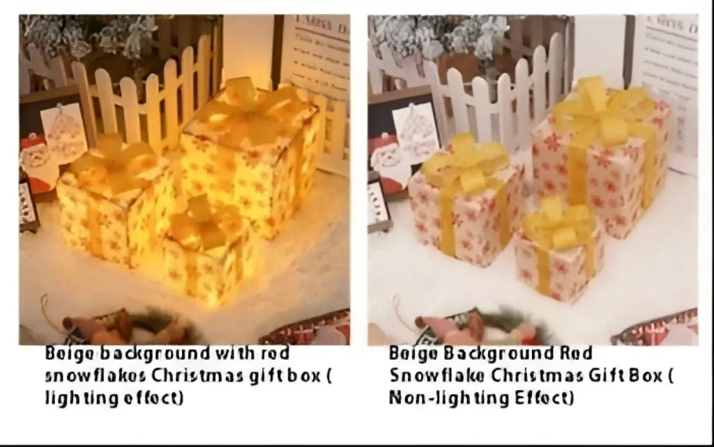 Led christmas gift box set featuring a red snowflake box with gold foil detailing and glitter bows