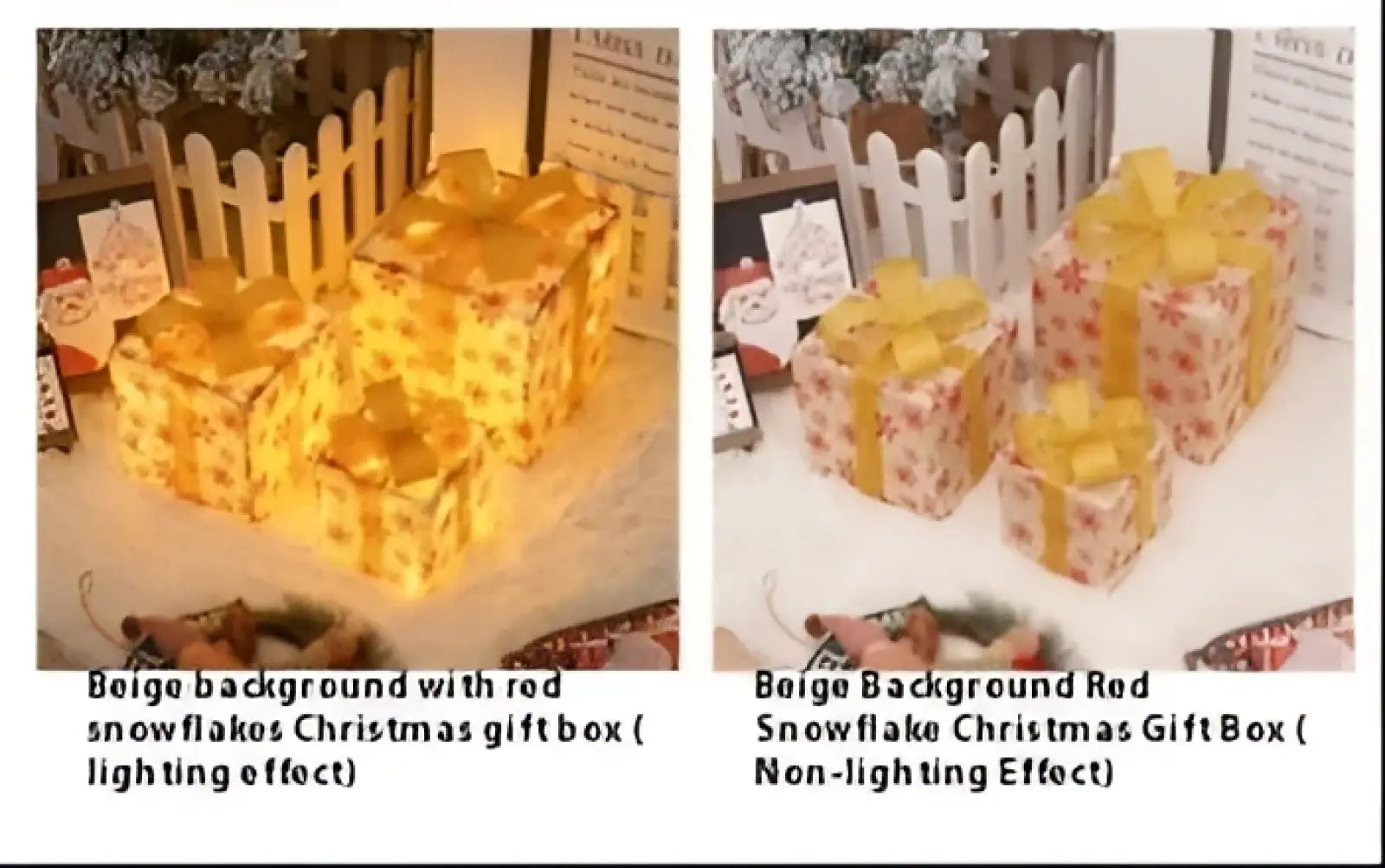 Led christmas gift box set featuring a red snowflake box with gold foil detailing and glitter bows