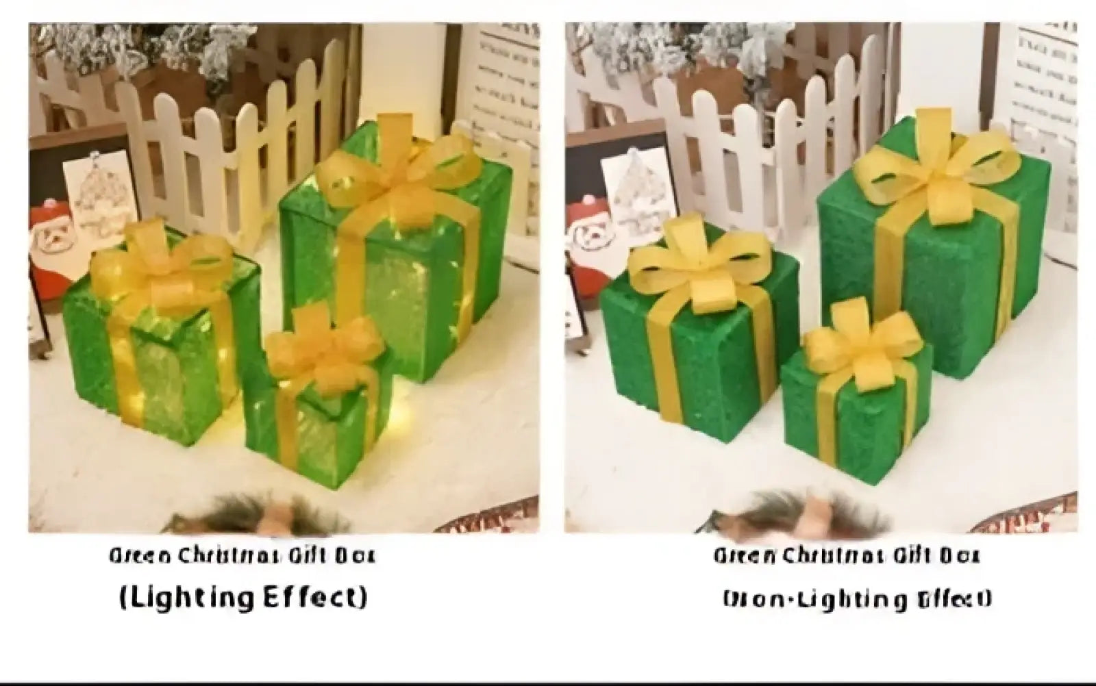 Led christmas gift box set featuring a green glittery finish and a gold ribbon bow for festive decoration
