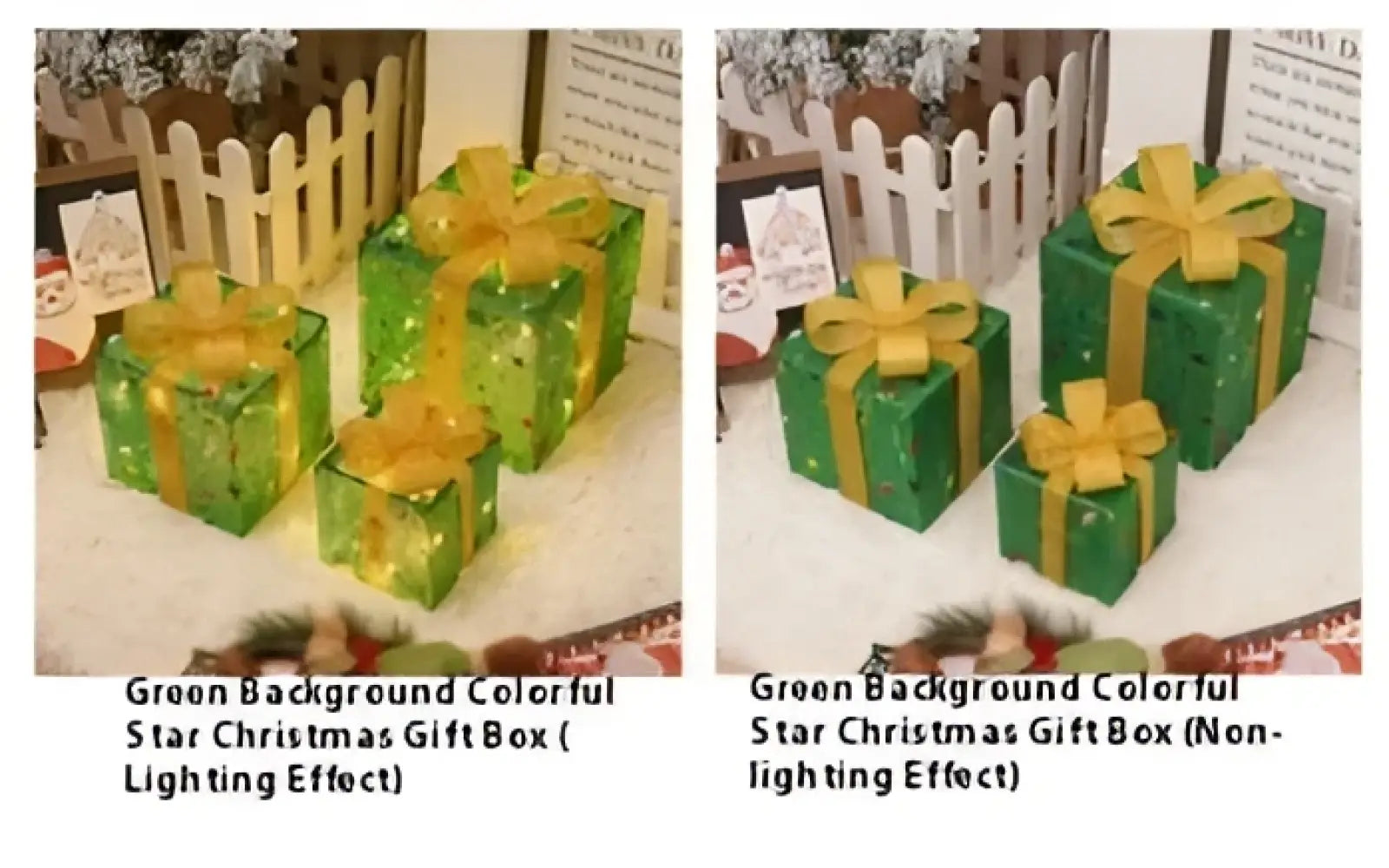 Led christmas gift box set with green and gold colors featuring shiny festive design and glitter bows