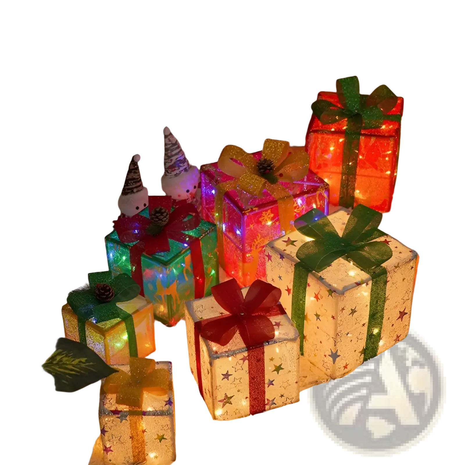 Led Christmas gift box set with illuminated glittery star patterns and colorful bows in red green gold and blue