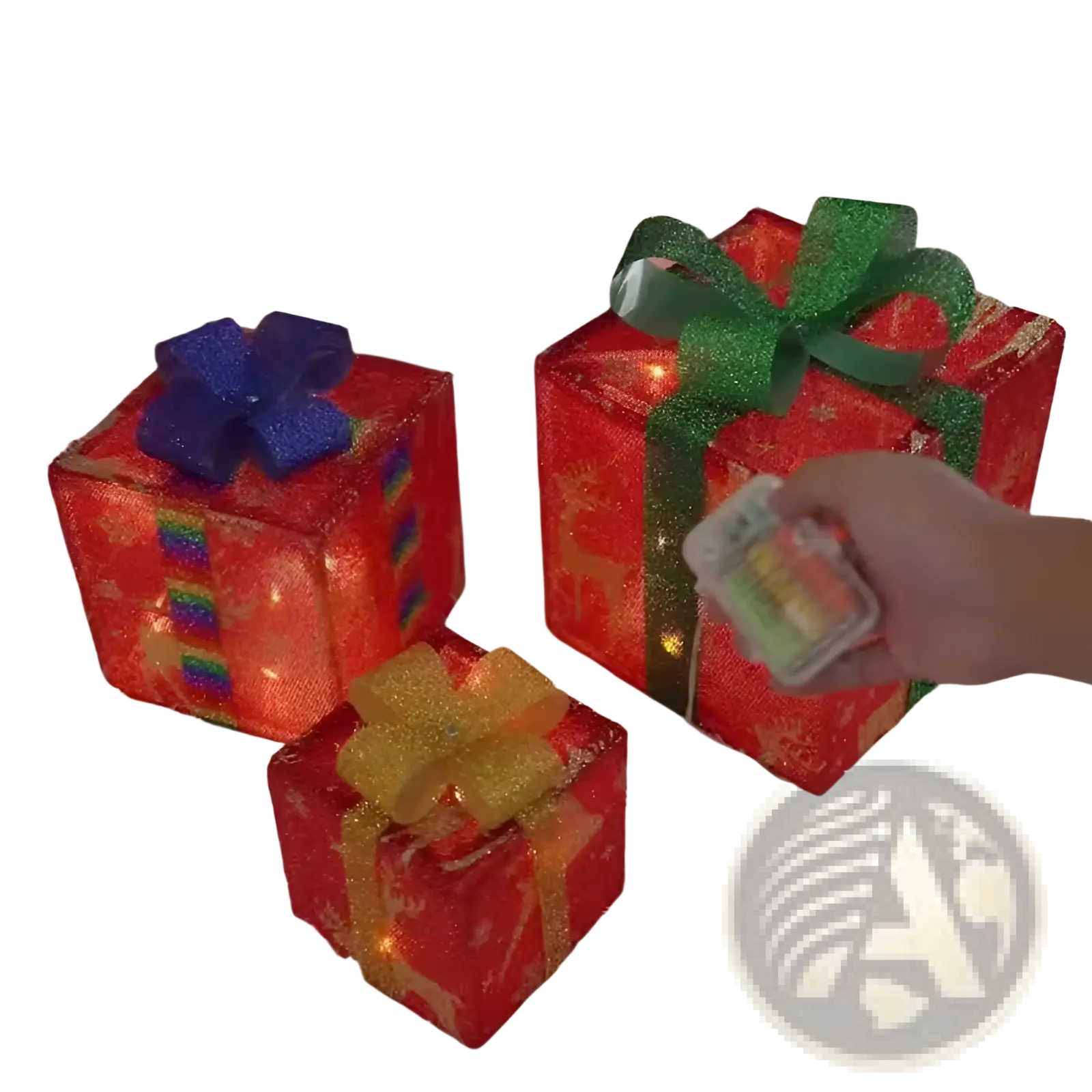 Led christmas gift box set with red glitter boxes illuminated by lights and decorated with blue green and gold bows