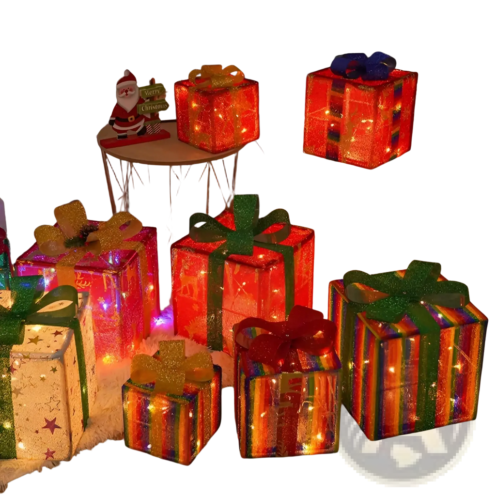 Led christmas gift box set with red and gold glittery bows and illuminated interiors for festive decoration