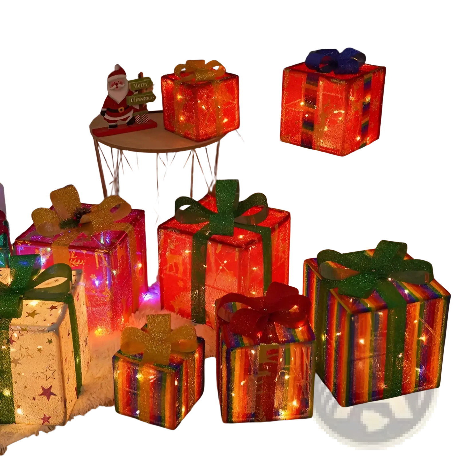 Led christmas gift box set with red and gold glittery bows and illuminated interiors for festive decoration