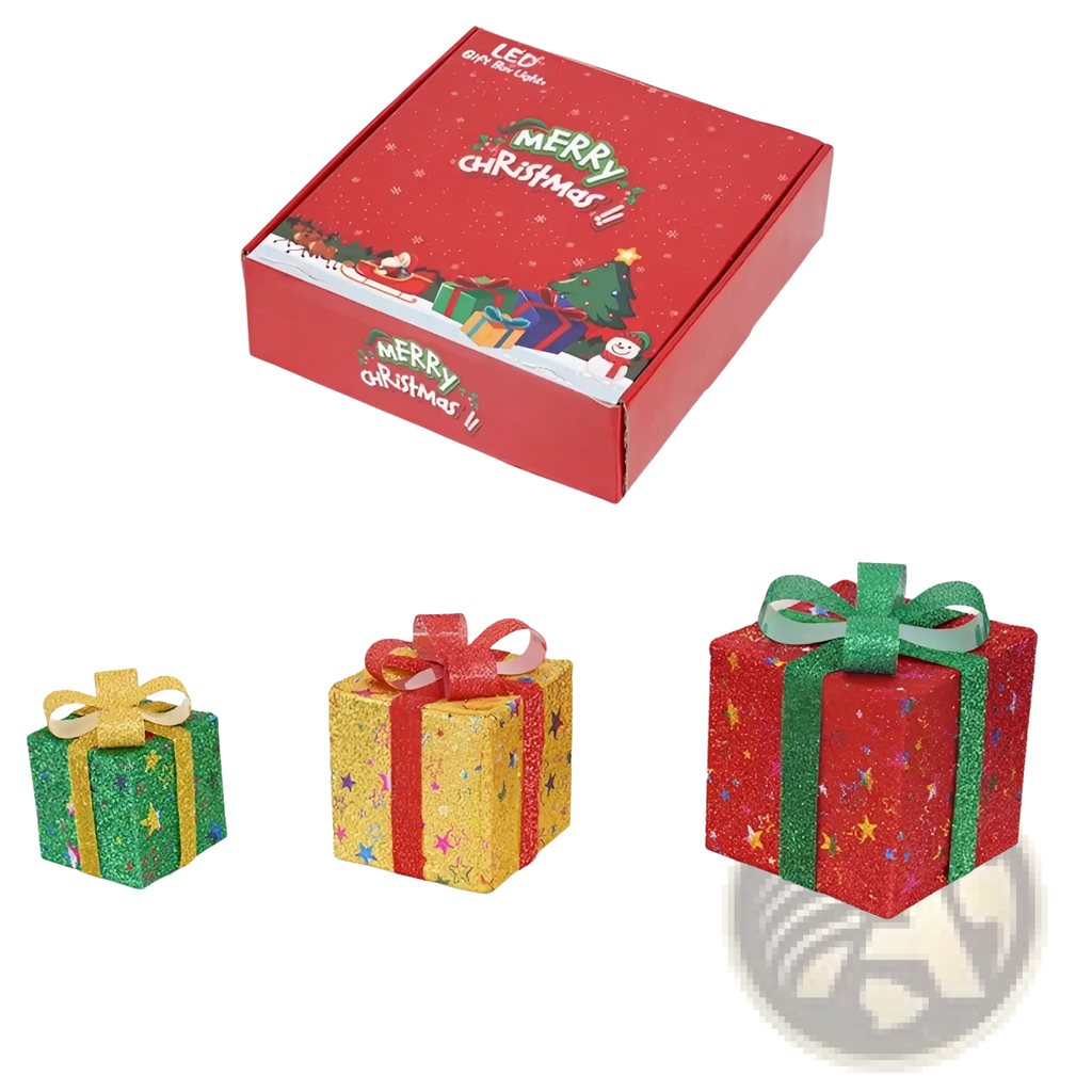 Led christmas gift box set featuring red green and gold glittery decorations with festive bows for holiday decor