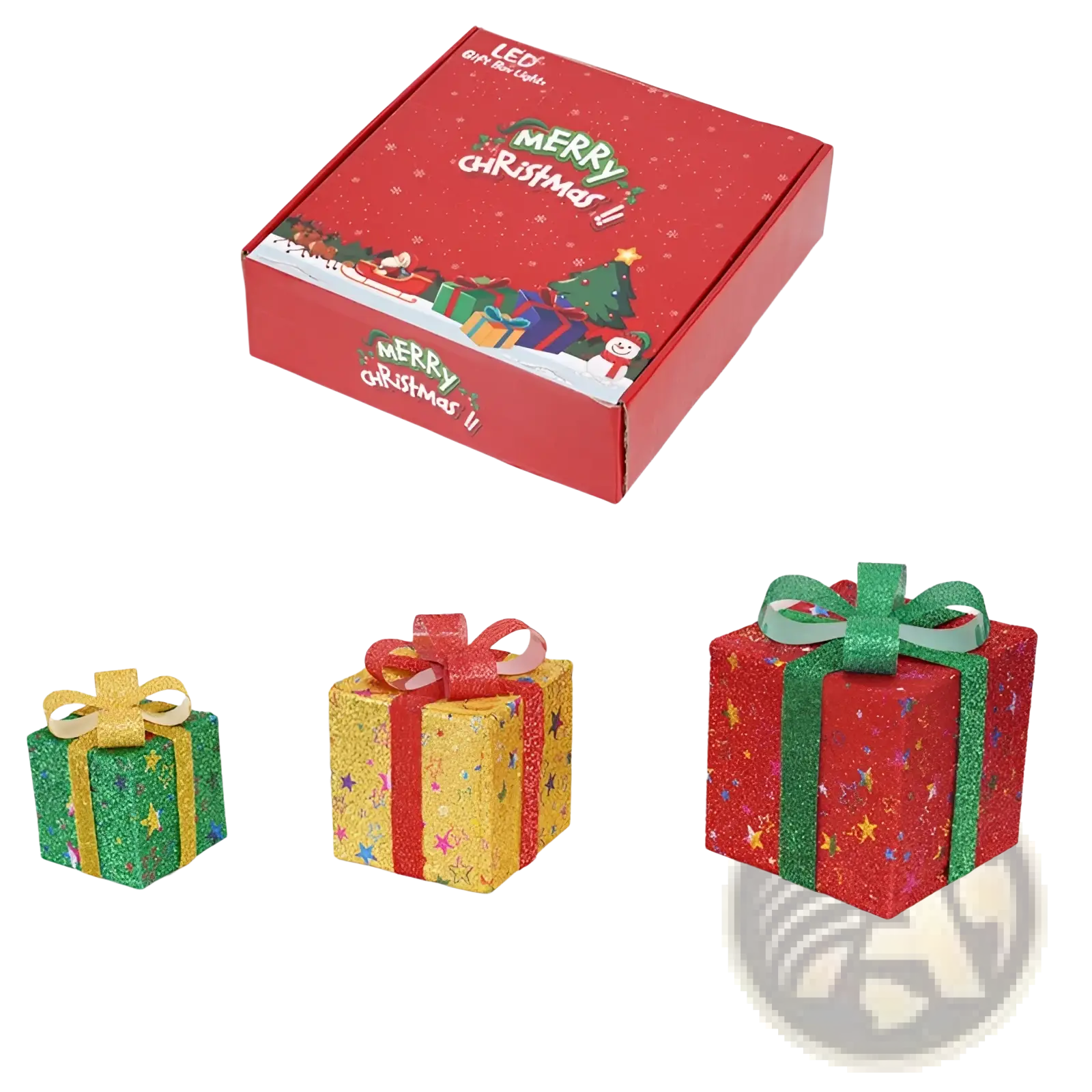 Led christmas gift box set featuring red green and gold glittery decorations with festive bows for holiday decor