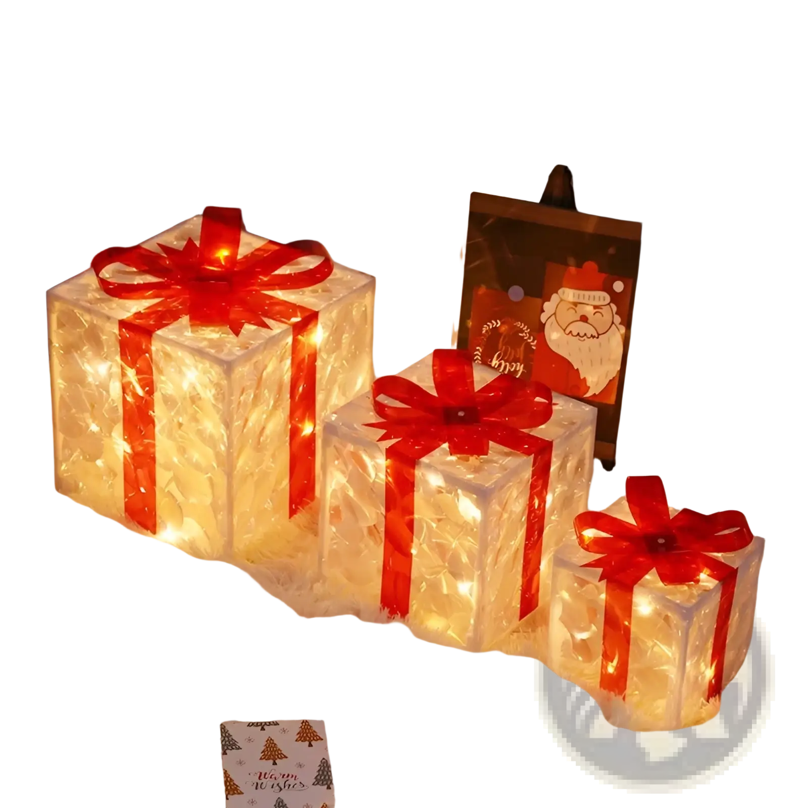 Three illuminated translucent led christmas gift boxes with red glitter bows and ribbons for festive decoration