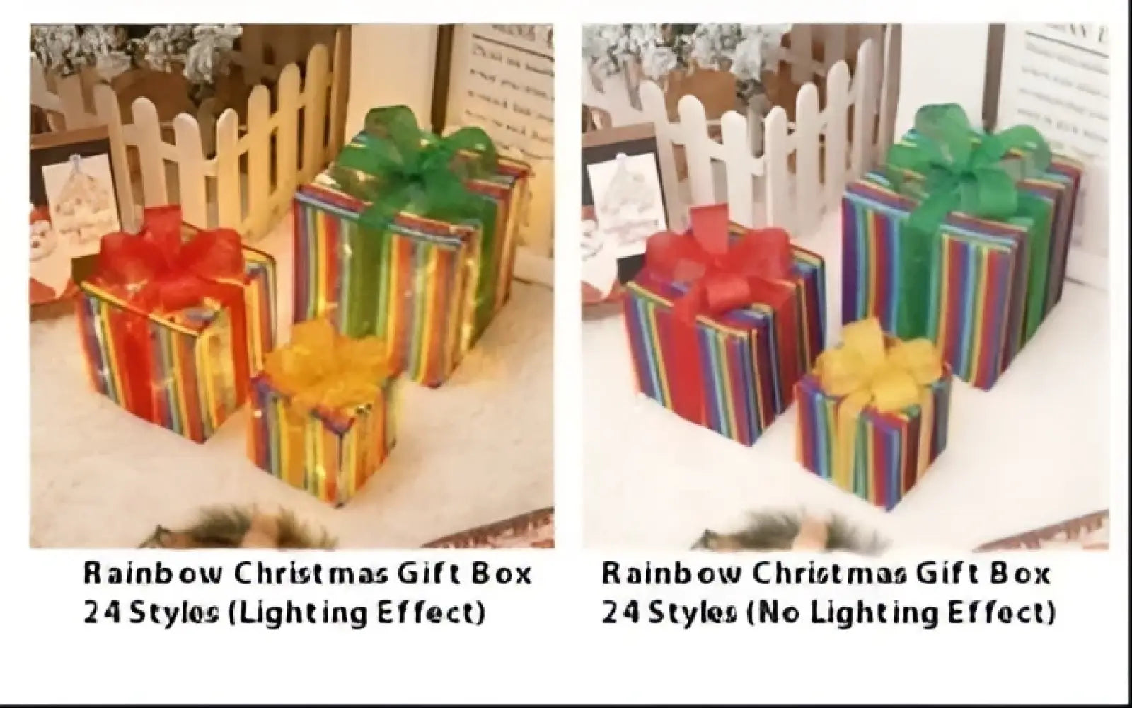 Led christmas gift box set with rainbow stripes and glitter bows available in illuminated and non illuminated versions